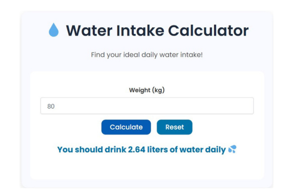 Free water intake tracker online to calculate daily hydration needs.